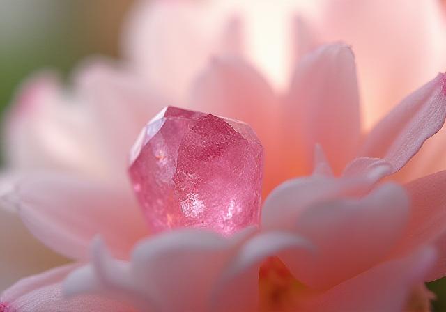 Dettaglio macro di un bouquet con un piccolo quarzo rosa