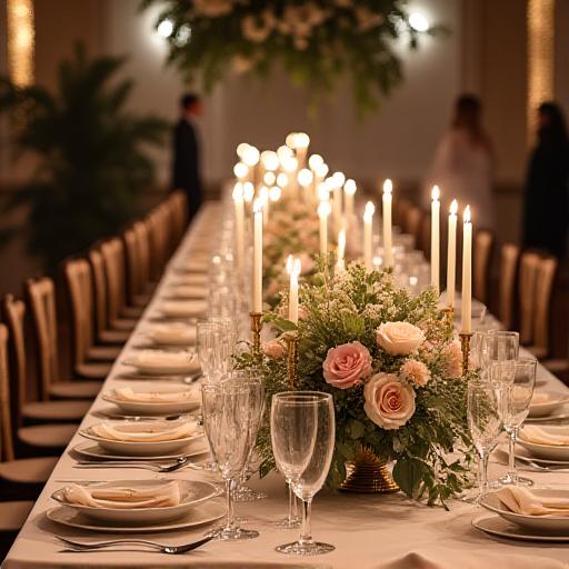 Tavolo di un matrimonio allestito con centrotavola floreali