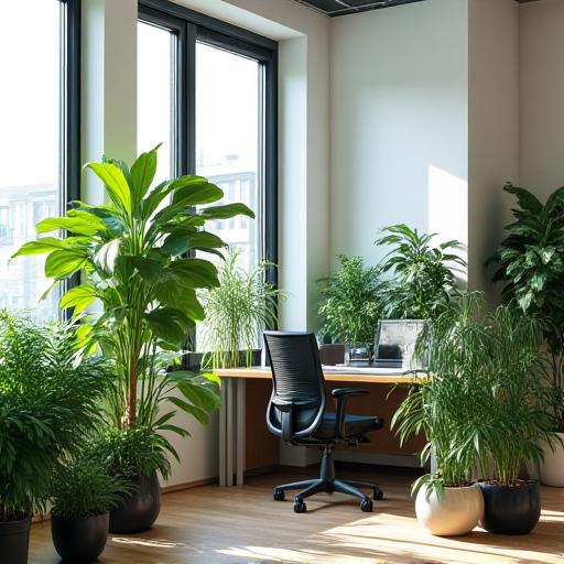 Angolo di un ufficio moderno con diverse piante da interno